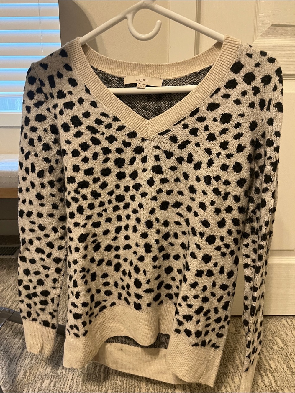LOFT Cream and Black Leopard V-Neck Sweater